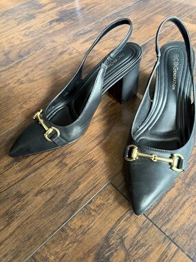BCBG Classic Luxury Women's Black Leather Pointed toe Slingback Pumps with Gold